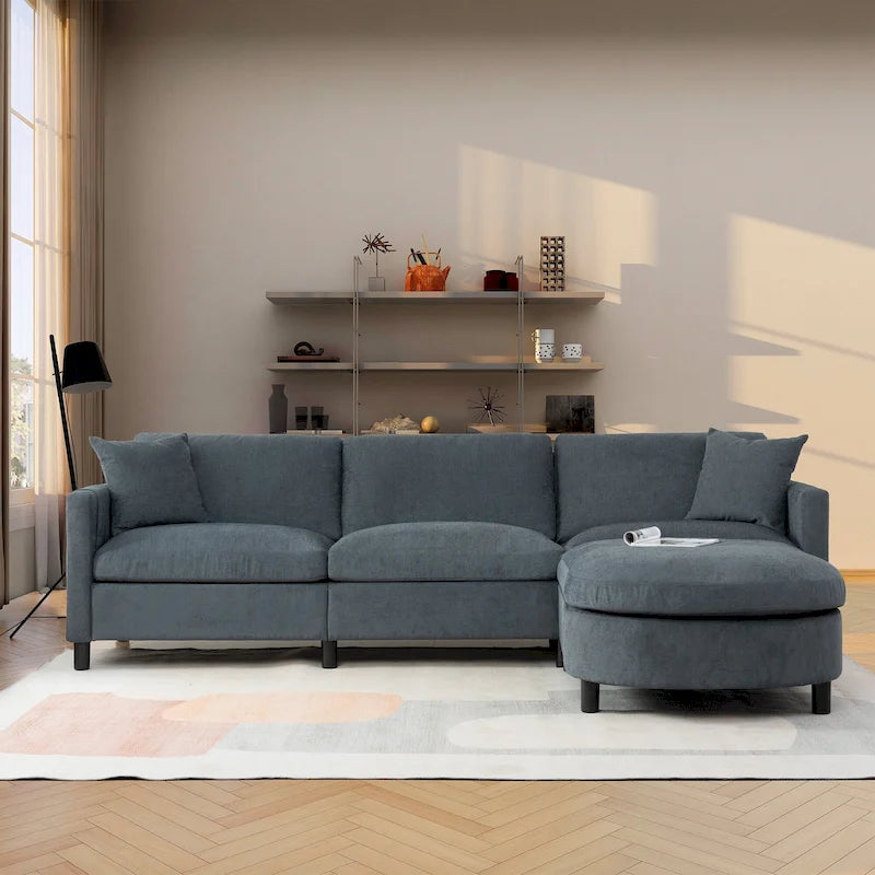 Divano Sezionale a 4 Posti con Cuscino Removibile, Grigio 107.87, Pouf Movibile, Bracciolo con Contenitore