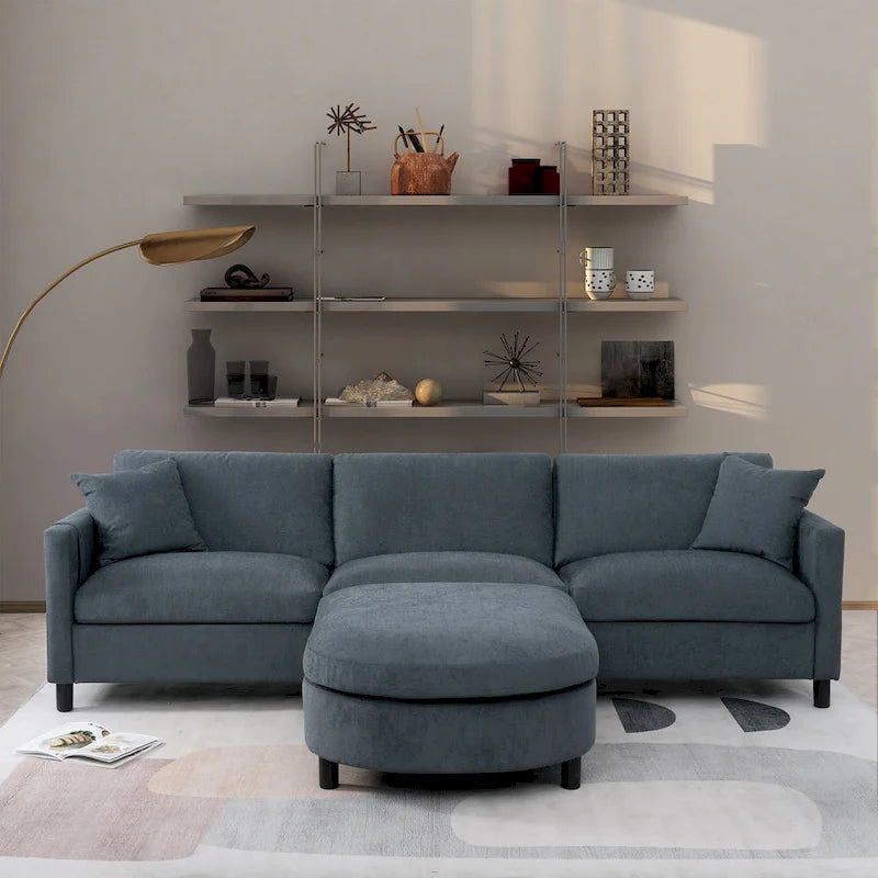 Divano Sezionale a 4 Posti con Cuscino Removibile, Grigio 107.87, Pouf Movibile, Bracciolo con Contenitore