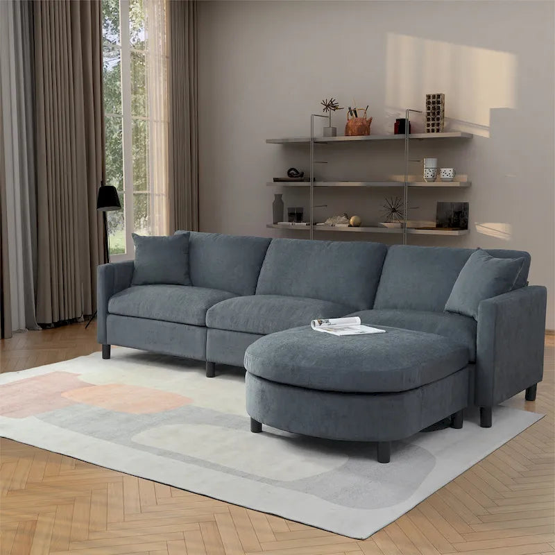 Divano Sezionale a 4 Posti con Cuscino Removibile, Grigio 107.87, Pouf Movibile, Bracciolo con Contenitore