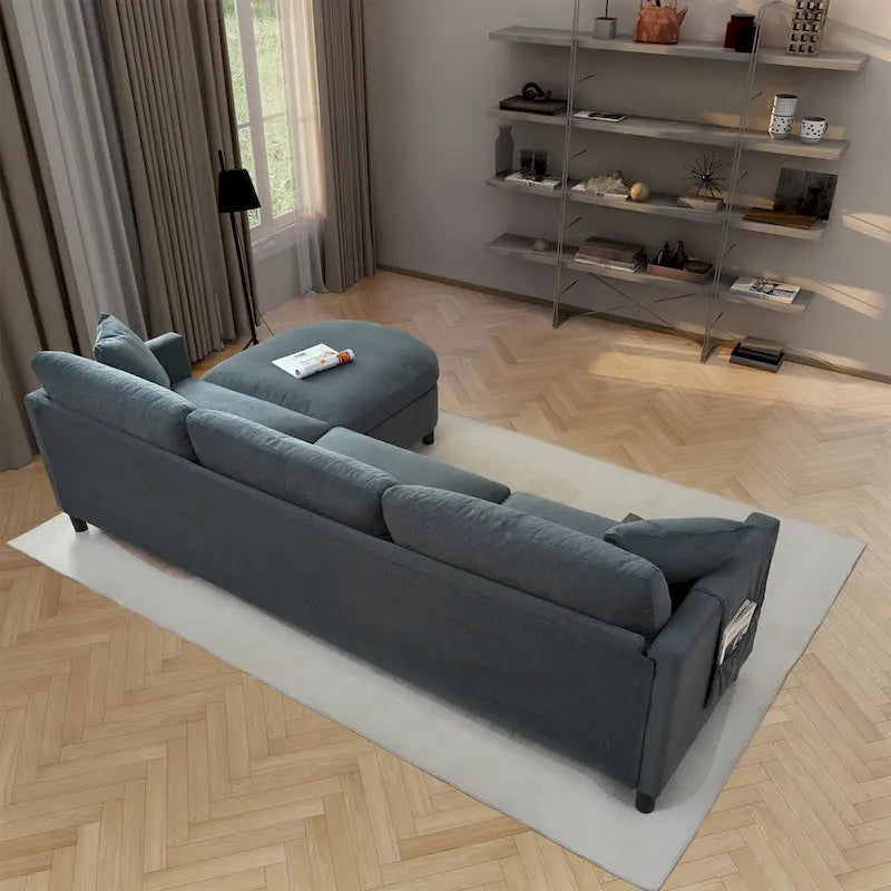 Divano Sezionale a 4 Posti con Cuscino Removibile, Grigio 107.87, Pouf Movibile, Bracciolo con Contenitore