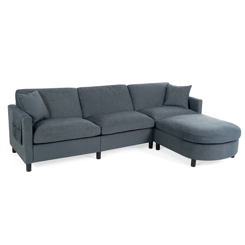 Divano Sezionale a 4 Posti con Cuscino Removibile, Grigio 107.87, Pouf Movibile, Bracciolo con Contenitore