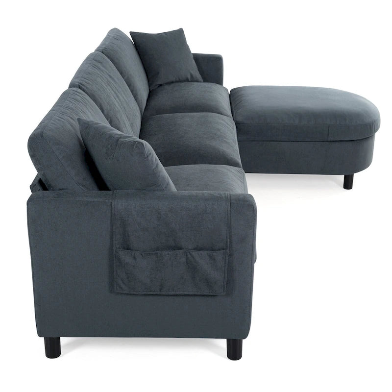 Divano Sezionale a 4 Posti con Cuscino Removibile, Grigio 107.87, Pouf Movibile, Bracciolo con Contenitore