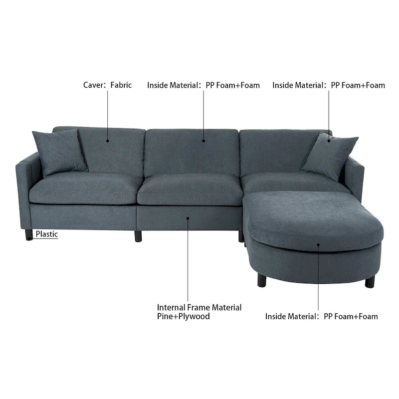 Divano Sezionale a 4 Posti con Cuscino Removibile, Grigio 107.87, Pouf Movibile, Bracciolo con Contenitore