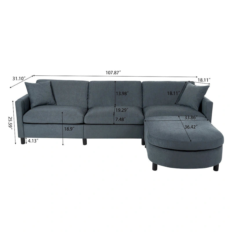 Divano Sezionale a 4 Posti con Cuscino Removibile, Grigio 107.87, Pouf Movibile, Bracciolo con Contenitore