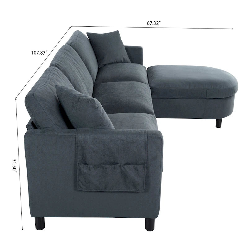 Divano Sezionale a 4 Posti con Cuscino Removibile, Grigio 107.87, Pouf Movibile, Bracciolo con Contenitore