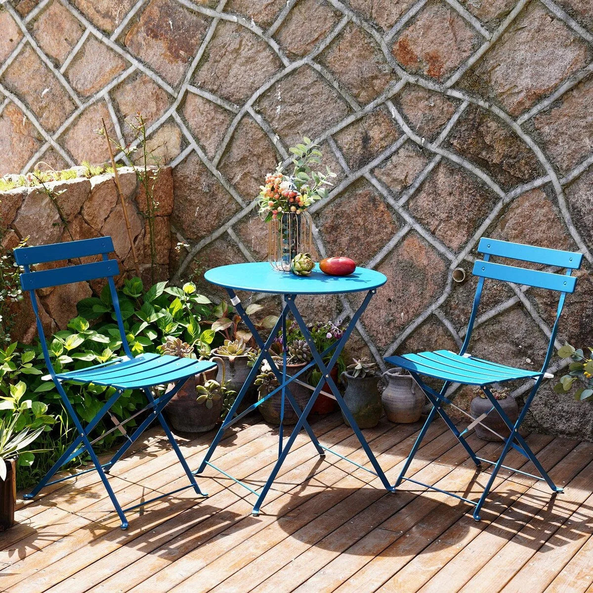 3pc Metal Folding Bistro Set, Weather-Resistant Outdoor/Indoor Conversation Set for Patio, Yard, Garden