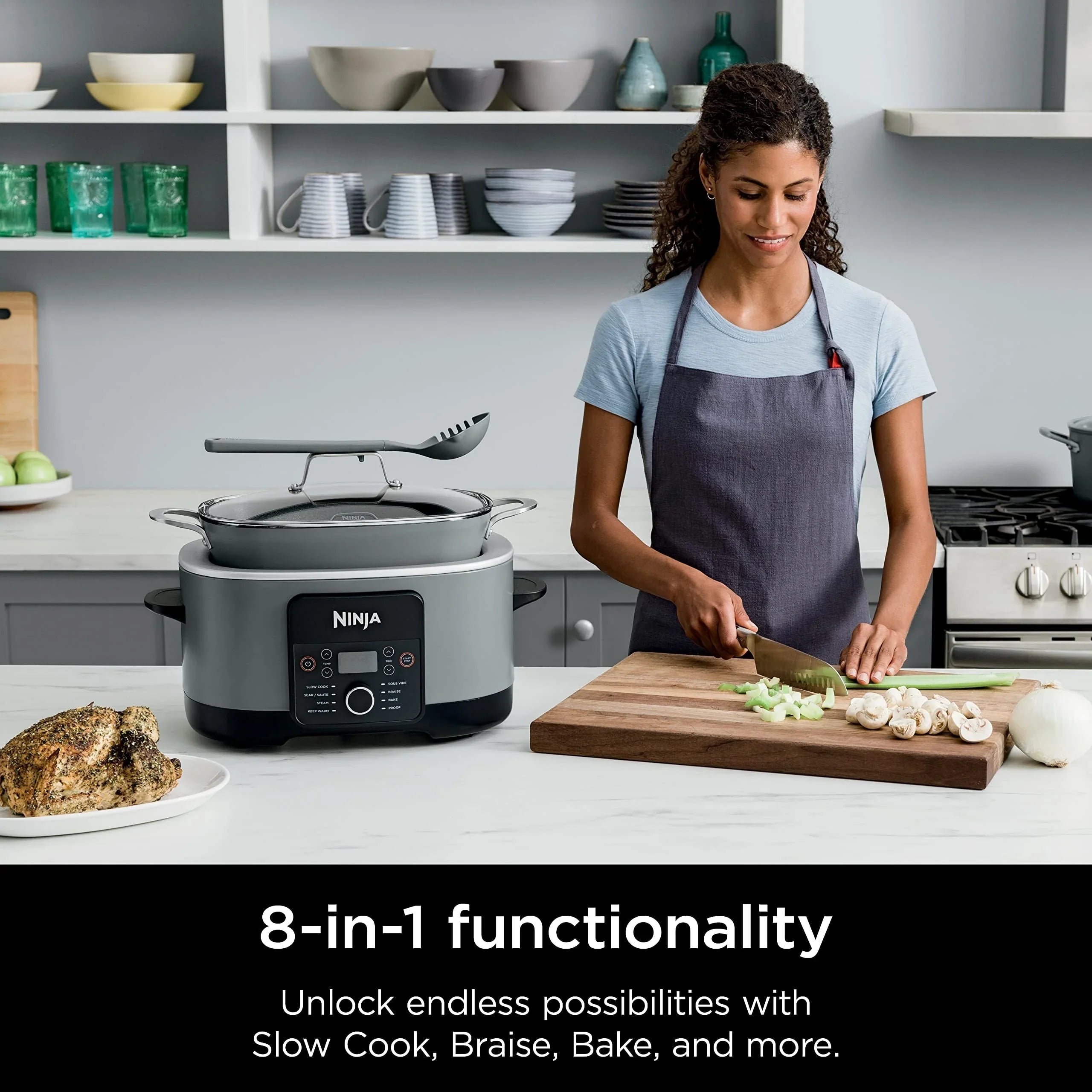 Multicooker da 8,5 Litri, con Funzione 8-in-1: Slow Cooker, Forno Olandese, Vaporiera, Coperchio in Vetro, Cucchiaio Integrato, Pentola Adatta al Forno fino a 260°C