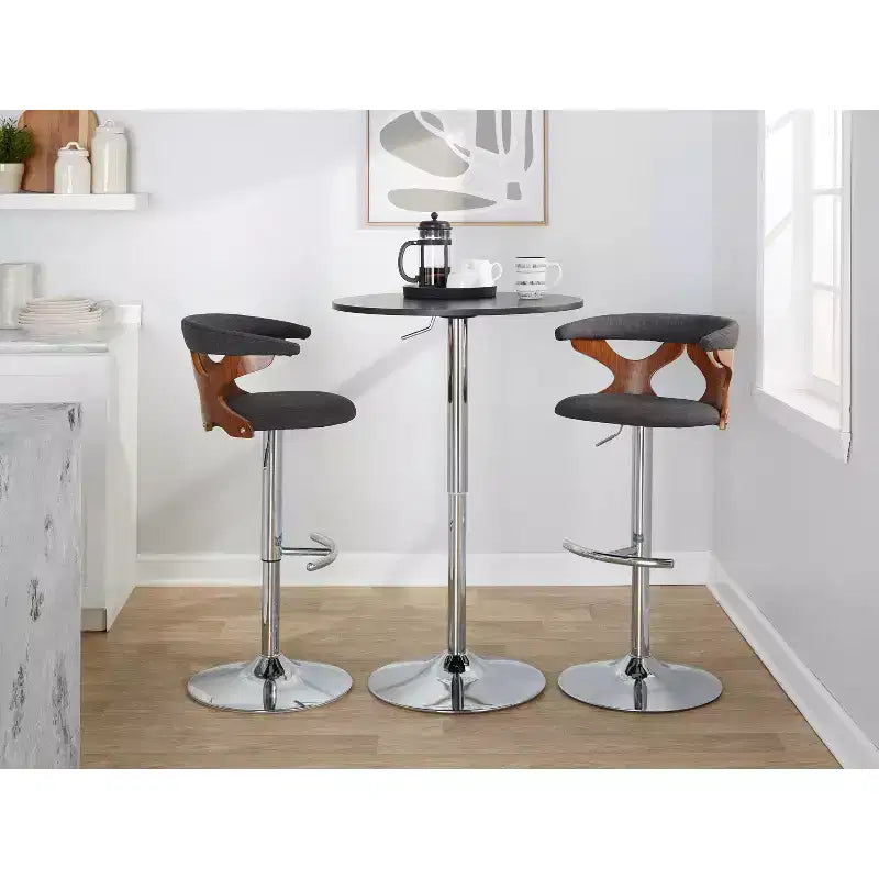 LumiSource Set of 2 Gardenia Adjustable Barstools Chrome Metal/Walnut Wood/Charcoal Fabric