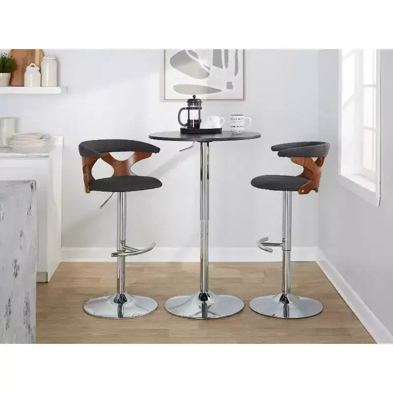 LumiSource Set of 2 Gardenia Adjustable Barstools Chrome Metal/Walnut Wood/Charcoal Fabric