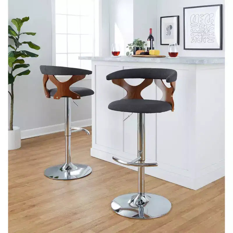 LumiSource Set of 2 Gardenia Adjustable Barstools Chrome Metal/Walnut Wood/Charcoal Fabric