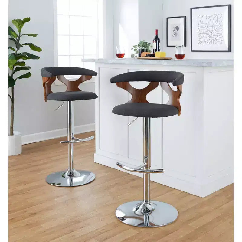 LumiSource Set of 2 Gardenia Adjustable Barstools Chrome Metal/Walnut Wood/Charcoal Fabric