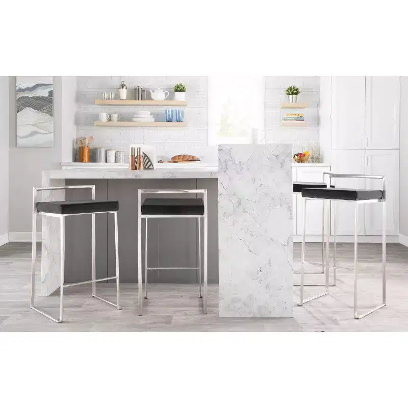 LumiSource Set of 3 Fuji Stacker Barstools Stainless Steel/Black PU