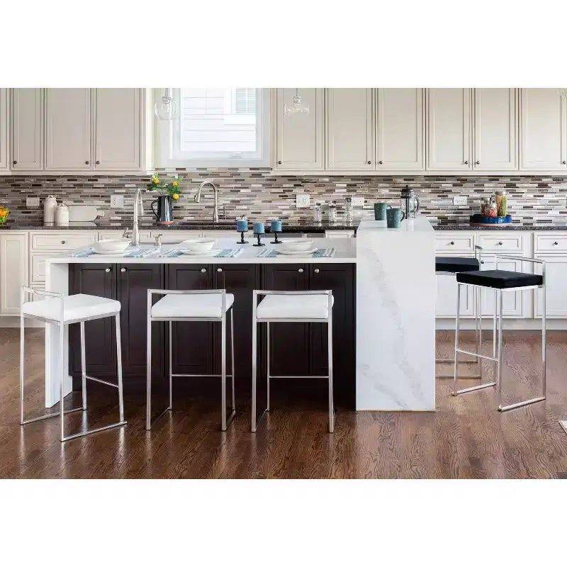 LumiSource Set of 3 Fuji Stacker Barstools Stainless Steel/Black PU
