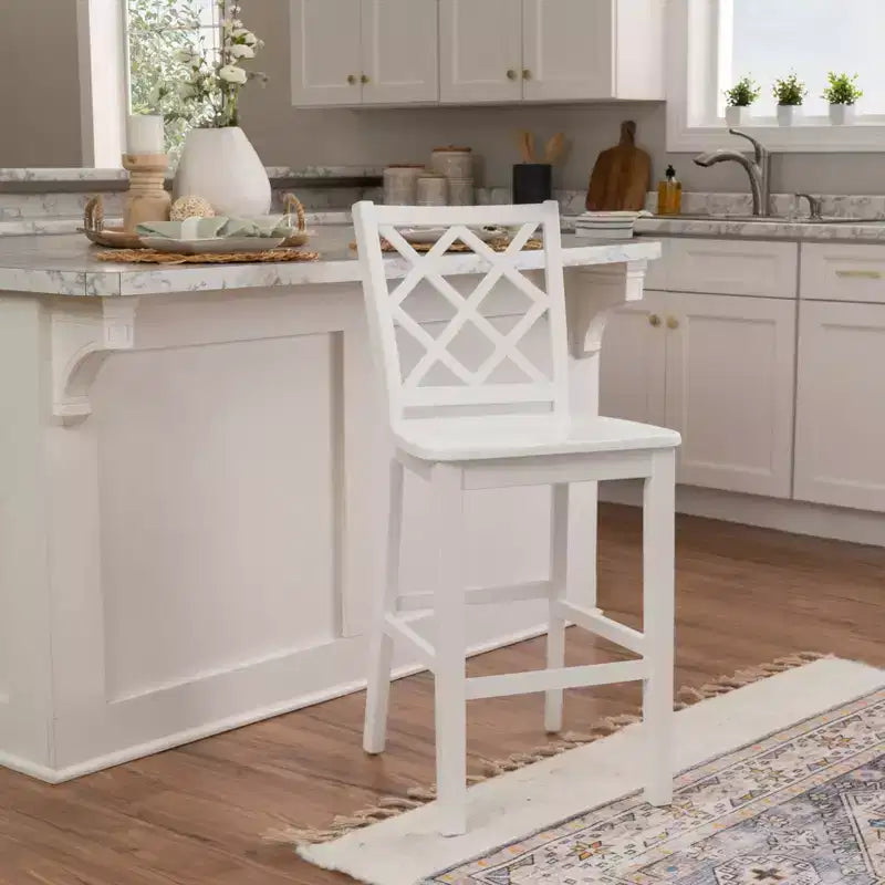 25.25" helby X-Back Farmhouse Counter Height Barstool White Finished Wood - Powell: olid Acacia & Rubberwood
