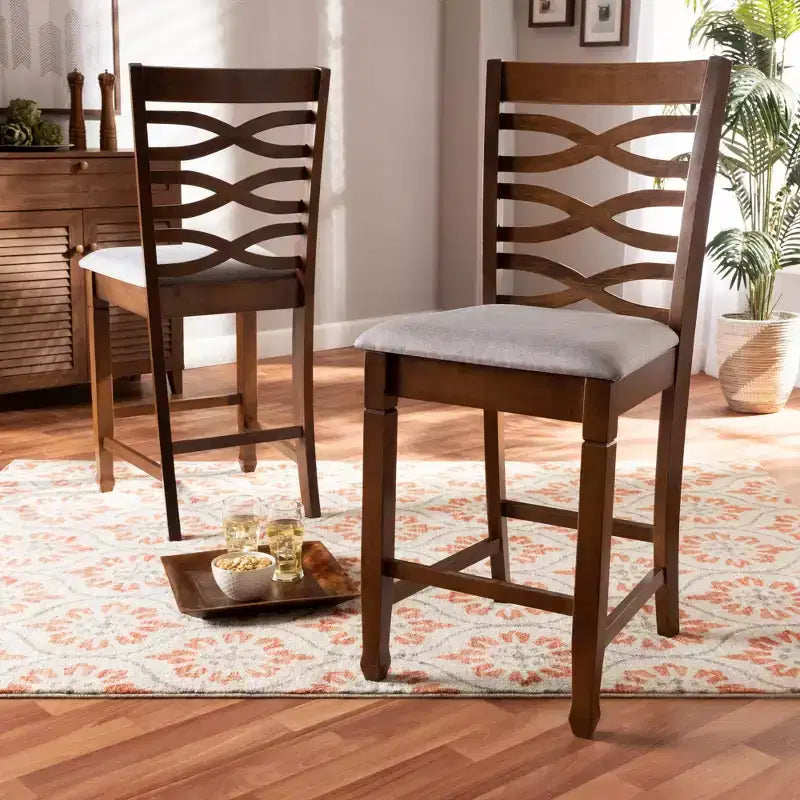 Set of 2 Lanier Fabric Upholstered Wood Counter Height Pub Chair Set Gray/Walnut - Baxton Studio: Polyester Fill, Spot Clean