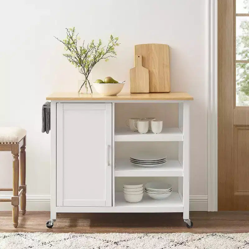 Tristan Open Kitchen Island Cart White/Natural - Crosley: Adjustable Shelves, Towel Bar, Mobile Design