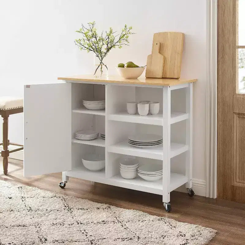Tristan Open Kitchen Island Cart White/Natural - Crosley: Adjustable Shelves, Towel Bar, Mobile Design