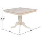 29.1" Dining Tables Minden Square Top Pedestal Unfinished - International Concepts: Solid Wood, Breakfast Nook