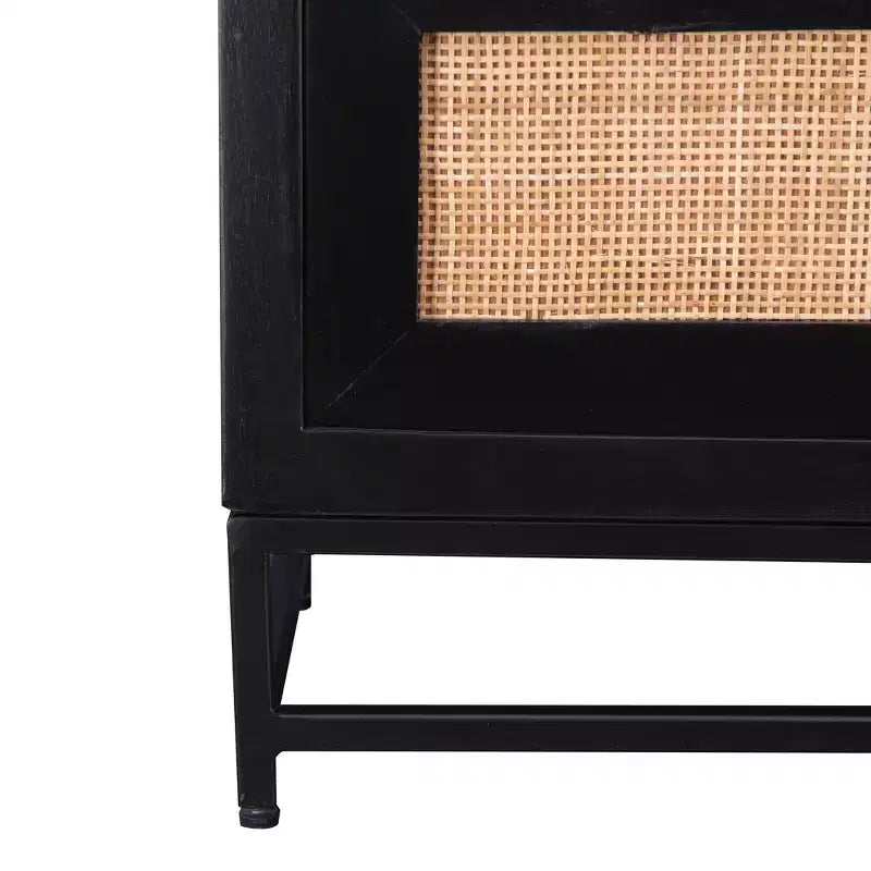 Powell Gordon Solid Wood and Natural Cane Black Metal Legs 3 Drawer Cabinet Black: Modern Farmhouse Style, Mango Surface