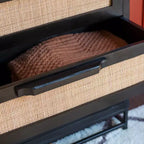 Powell Gordon Solid Wood and Natural Cane Black Metal Legs 3 Drawer Cabinet Black: Modern Farmhouse Style, Mango Surface