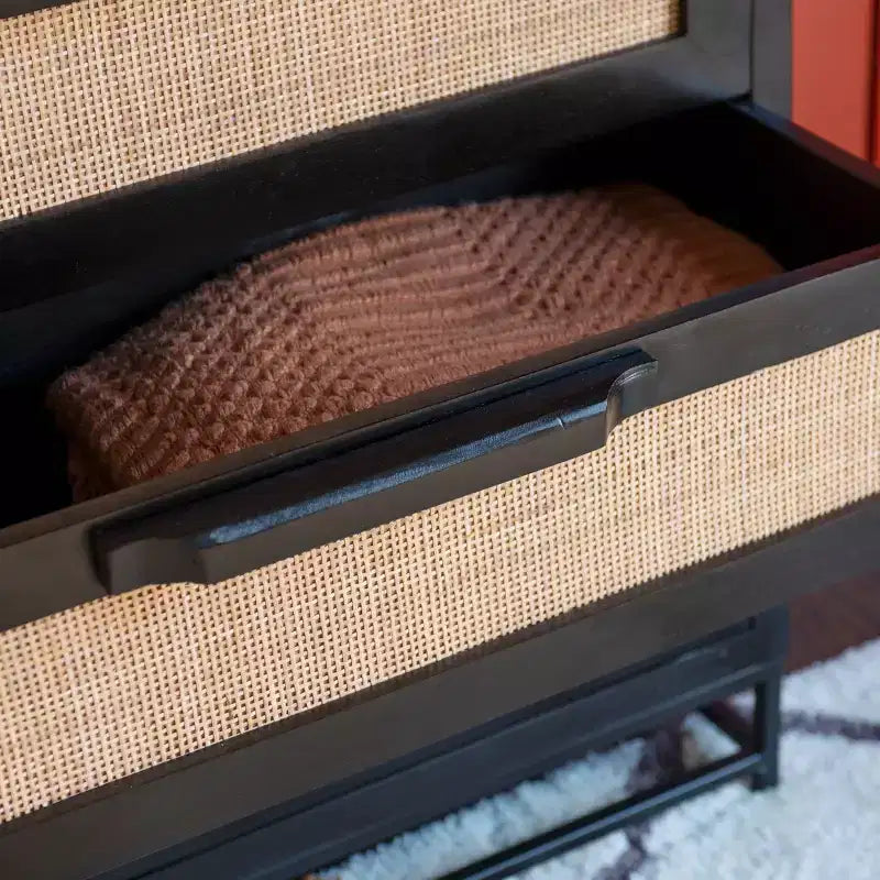 Powell Gordon Solid Wood and Natural Cane Black Metal Legs 3 Drawer Cabinet Black: Modern Farmhouse Style, Mango Surface