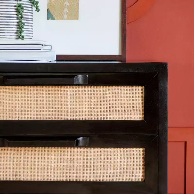 Powell Gordon Solid Wood and Natural Cane Black Metal Legs 3 Drawer Cabinet Black: Modern Farmhouse Style, Mango Surface