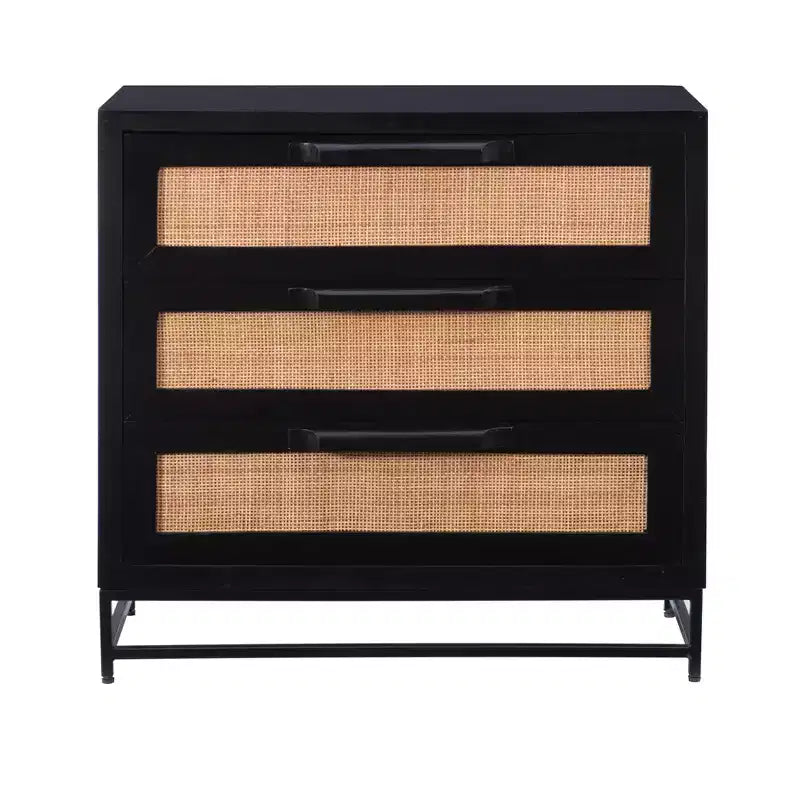 Powell Gordon Solid Wood and Natural Cane Black Metal Legs 3 Drawer Cabinet Black: Modern Farmhouse Style, Mango Surface