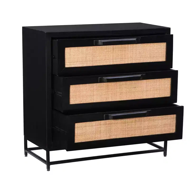 Powell Gordon Solid Wood and Natural Cane Black Metal Legs 3 Drawer Cabinet Black: Modern Farmhouse Style, Mango Surface