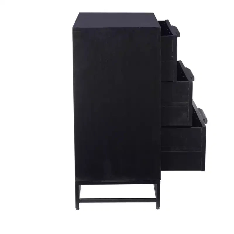 Powell Gordon Solid Wood and Natural Cane Black Metal Legs 3 Drawer Cabinet Black: Modern Farmhouse Style, Mango Surface