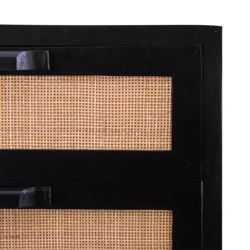 Powell Gordon Solid Wood and Natural Cane Black Metal Legs 3 Drawer Cabinet Black: Modern Farmhouse Style, Mango Surface