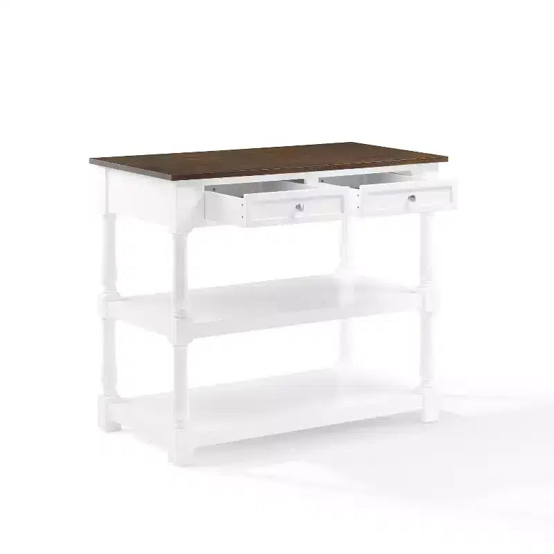 Caitlyn Wood Top Kitchen Island White/Dark Brown - Crosley: Storage, Turned Legs, Fixed Shelves