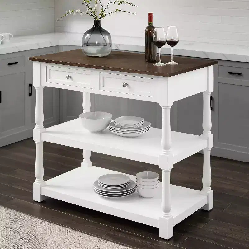 Caitlyn Wood Top Kitchen Island White/Dark Brown - Crosley: Storage, Turned Legs, Fixed Shelves