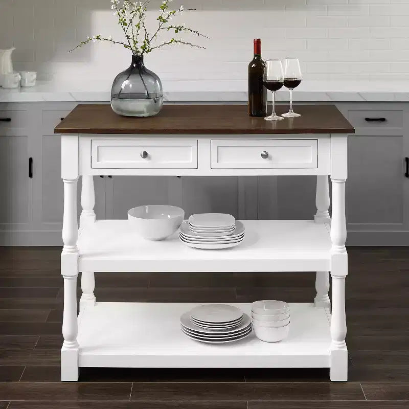 Caitlyn Wood Top Kitchen Island White/Dark Brown - Crosley: Storage, Turned Legs, Fixed Shelves
