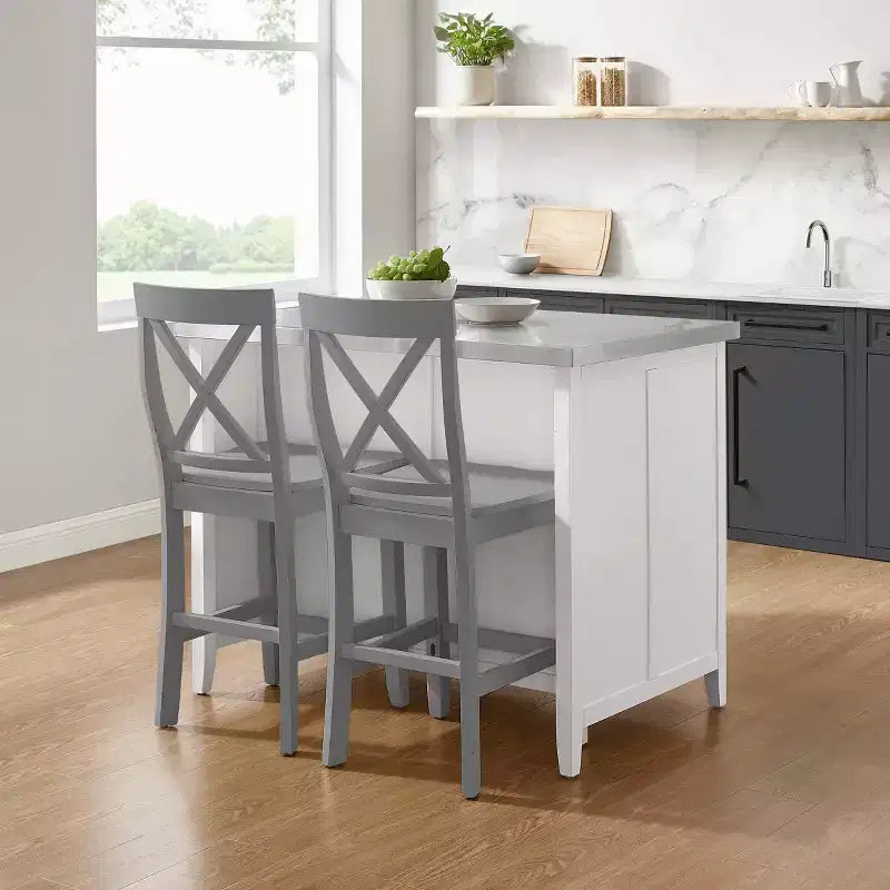 Silvia Stainless Steel Top Kitchen Island with X Back Stools White/Gray - Crosley