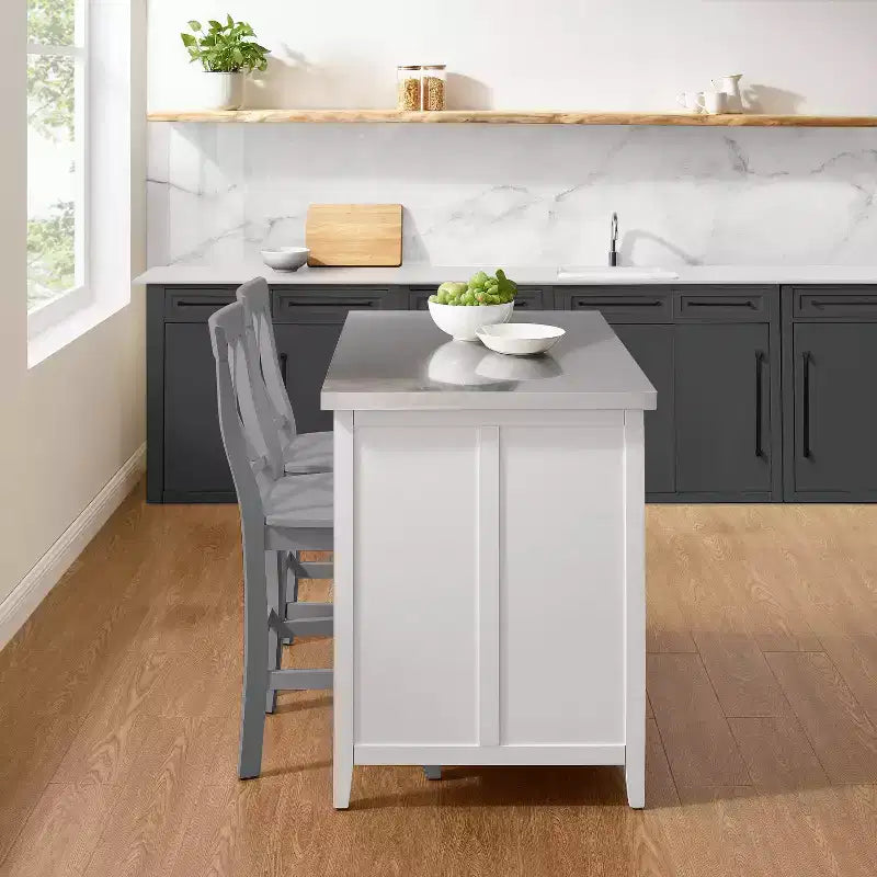Silvia Stainless Steel Top Kitchen Island with X Back Stools White/Gray - Crosley