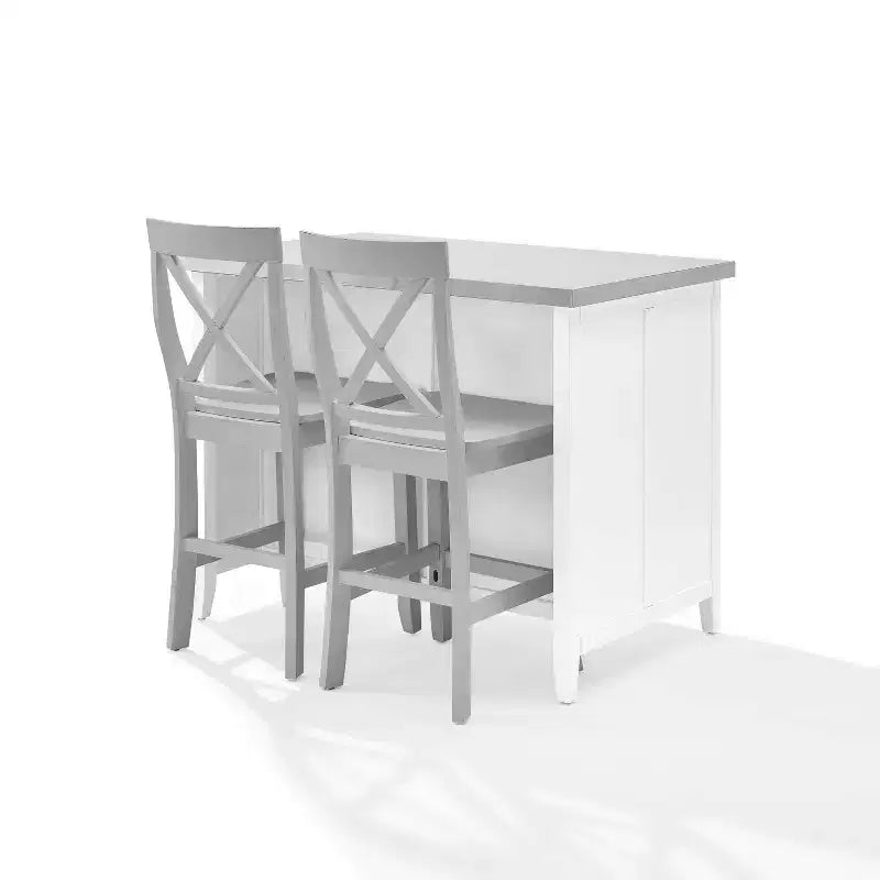 Silvia Stainless Steel Top Kitchen Island with X Back Stools White/Gray - Crosley