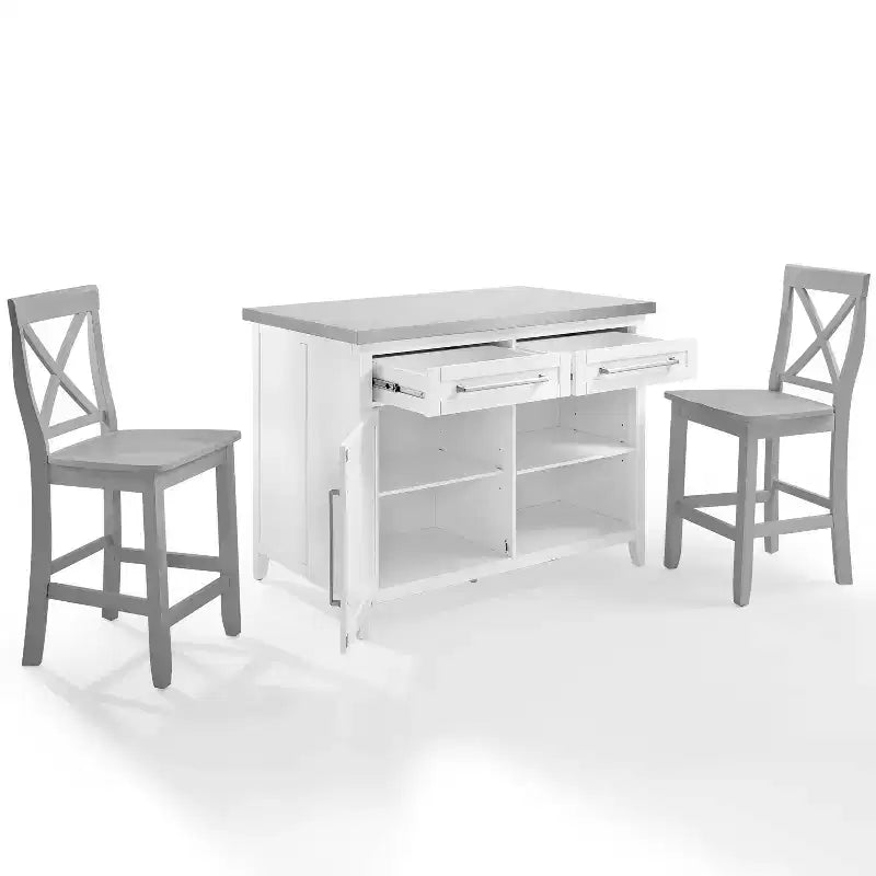 Silvia Stainless Steel Top Kitchen Island with X Back Stools White/Gray - Crosley