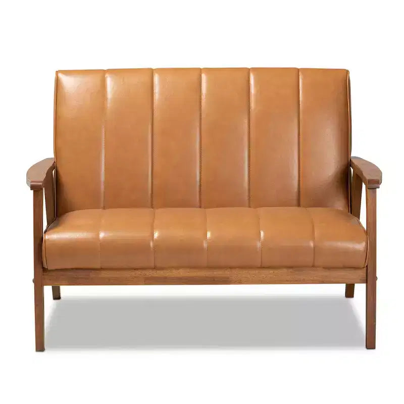 Baxton Studio Nikko Mid-Century Faux Leather Upholstered Wood Loveseat Walnut/Brown : 2-Seater, Tufted Back, Wooden Frame