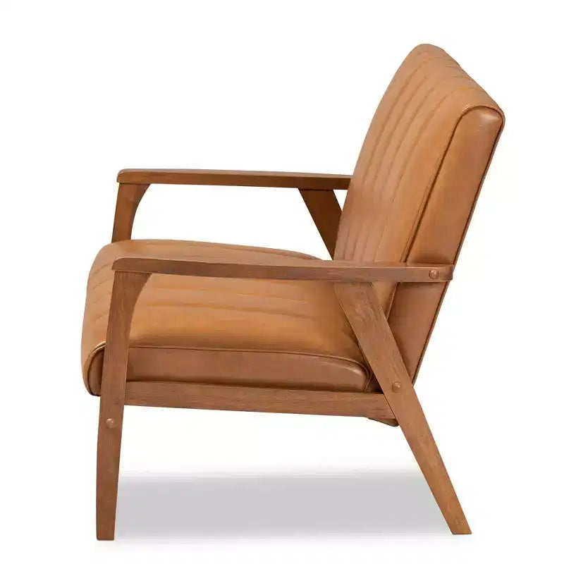 Baxton Studio Nikko Mid-Century Faux Leather Upholstered Wood Loveseat Walnut/Brown : 2-Seater, Tufted Back, Wooden Frame