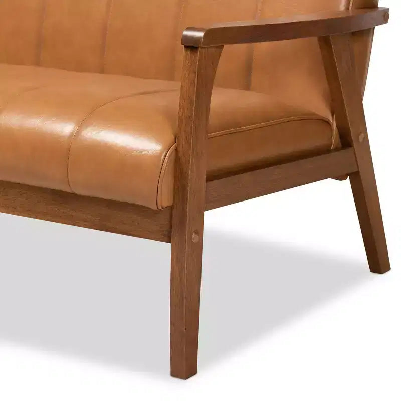 Baxton Studio Nikko Mid-Century Faux Leather Upholstered Wood Loveseat Walnut/Brown : 2-Seater, Tufted Back, Wooden Frame