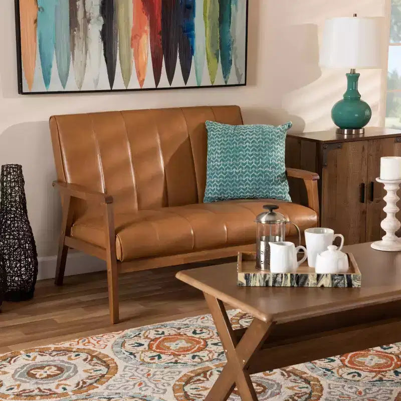 Baxton Studio Nikko Mid-Century Faux Leather Upholstered Wood Loveseat Walnut/Brown : 2-Seater, Tufted Back, Wooden Frame