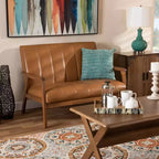 Baxton Studio Nikko Mid-Century Faux Leather Upholstered Wood Loveseat Walnut/Brown : 2-Seater, Tufted Back, Wooden Frame