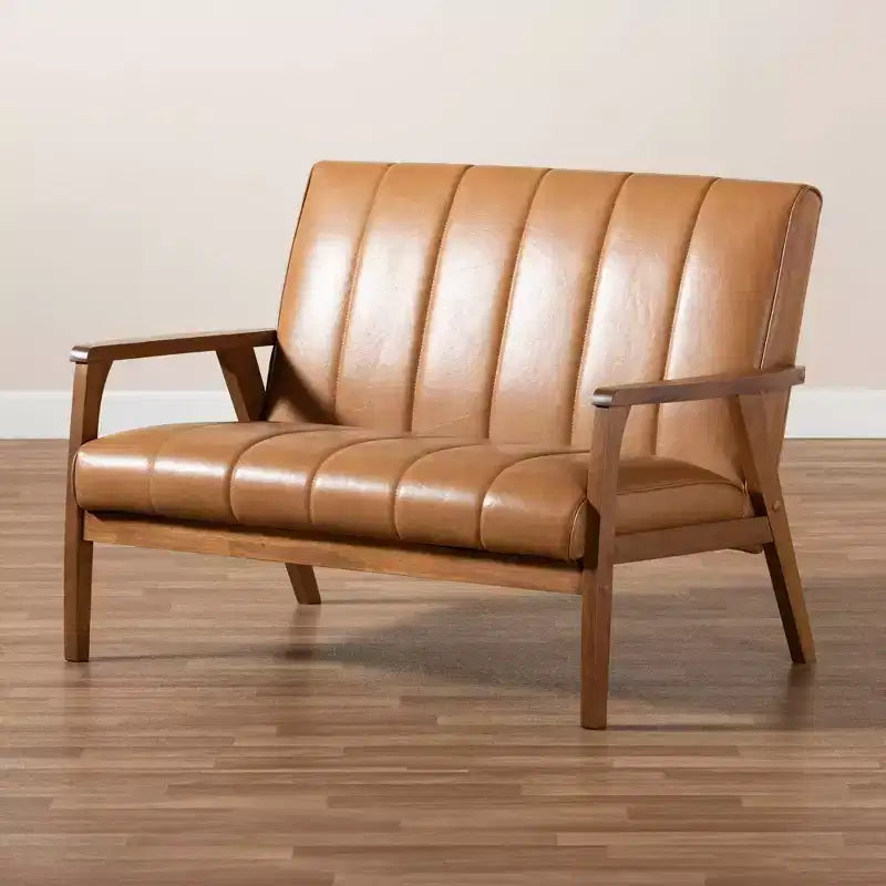 Baxton Studio Nikko Mid-Century Faux Leather Upholstered Wood Loveseat Walnut/Brown : 2-Seater, Tufted Back, Wooden Frame