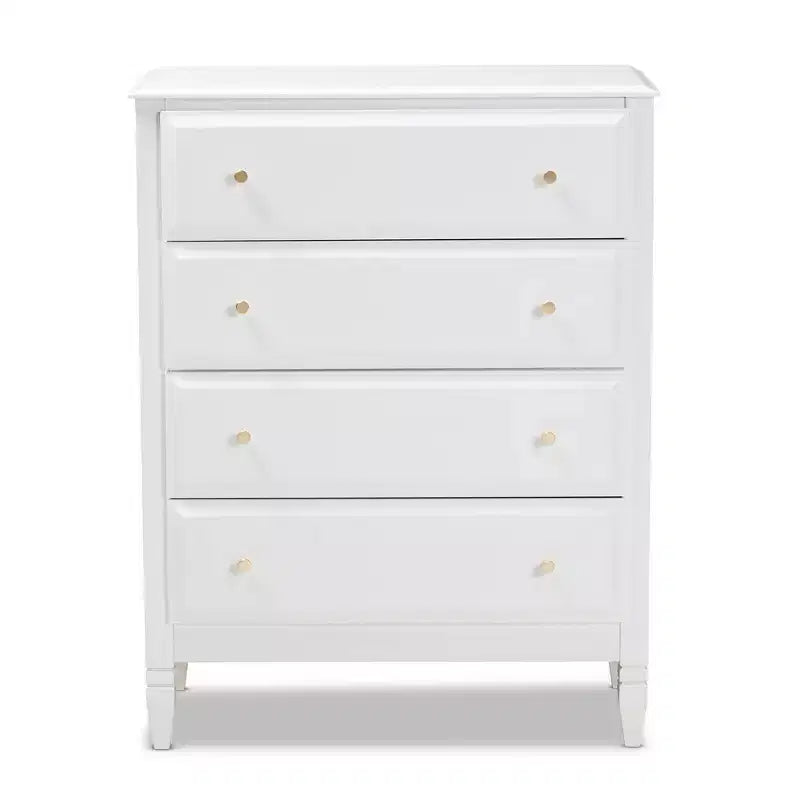 Baxton Studio 4 Drawer Naomi Wood Bedroom Chest White/Gold: Elegant Storage Solution with Anti-Tip Hardware