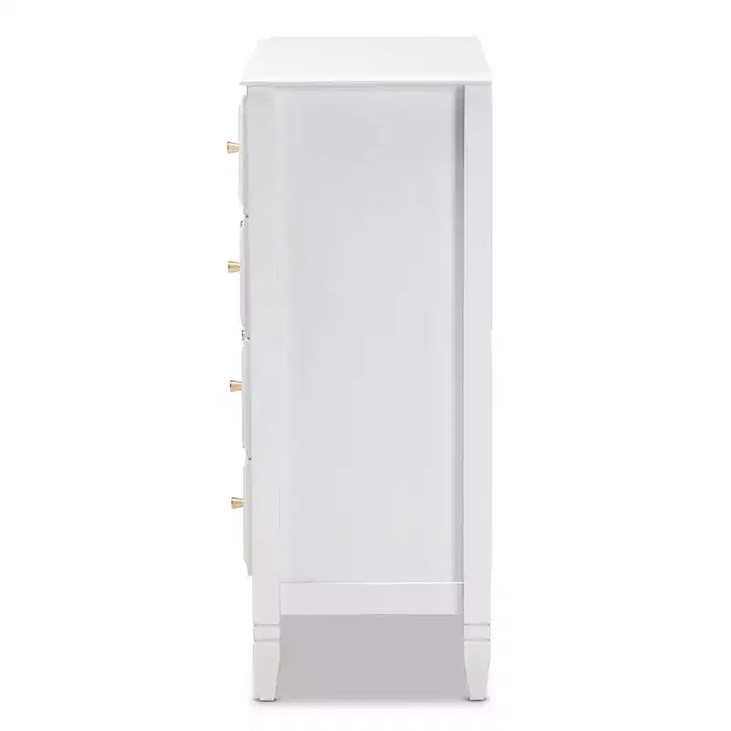 Baxton Studio 4 Drawer Naomi Wood Bedroom Chest White/Gold: Elegant Storage Solution with Anti-Tip Hardware