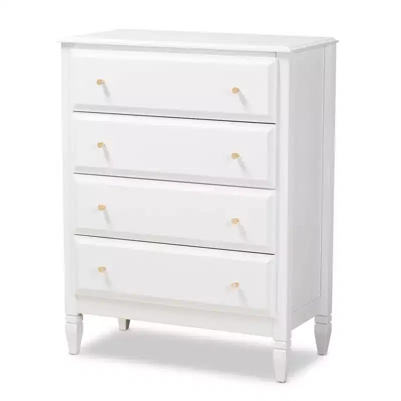 Baxton Studio 4 Drawer Naomi Wood Bedroom Chest White/Gold: Elegant Storage Solution with Anti-Tip Hardware