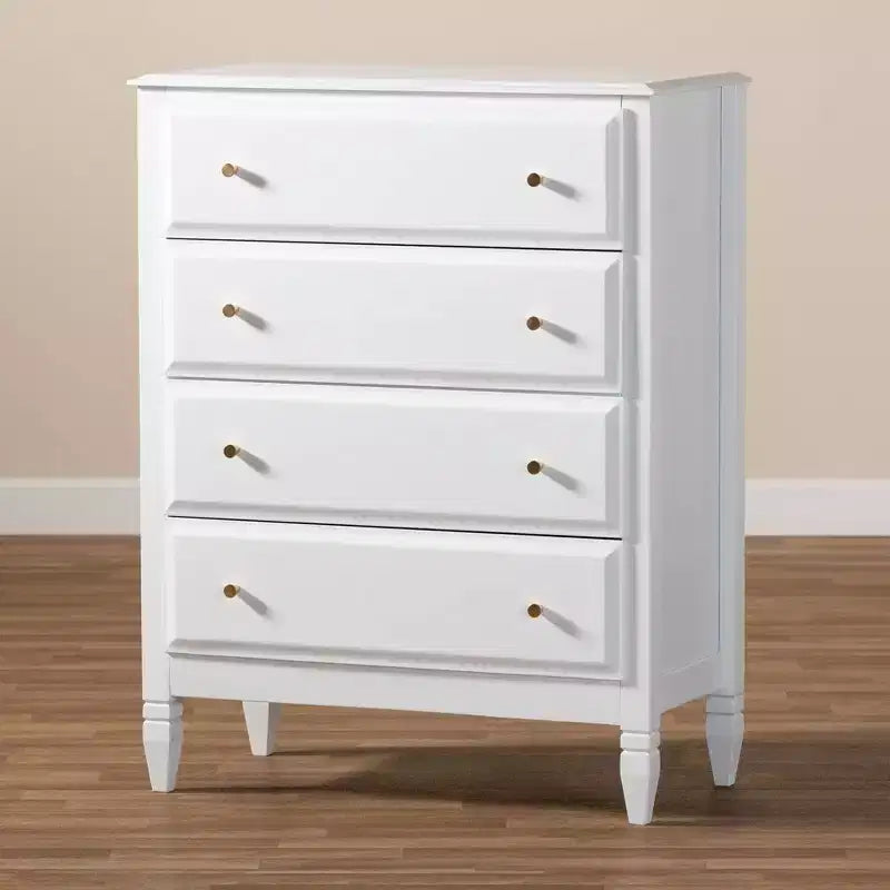 Baxton Studio 4 Drawer Naomi Wood Bedroom Chest White/Gold: Elegant Storage Solution with Anti-Tip Hardware