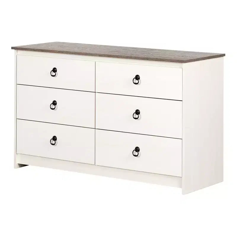 South Shore Plenny 6 Drawer Double Dresser: White Wash/Weathered Oak, Anti-Tip Hardware, Laminated Finish, 52" Width