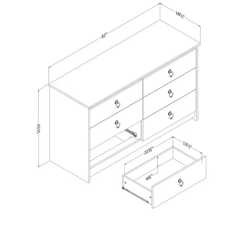 South Shore Plenny 6 Drawer Double Dresser: White Wash/Weathered Oak, Anti-Tip Hardware, Laminated Finish, 52" Width