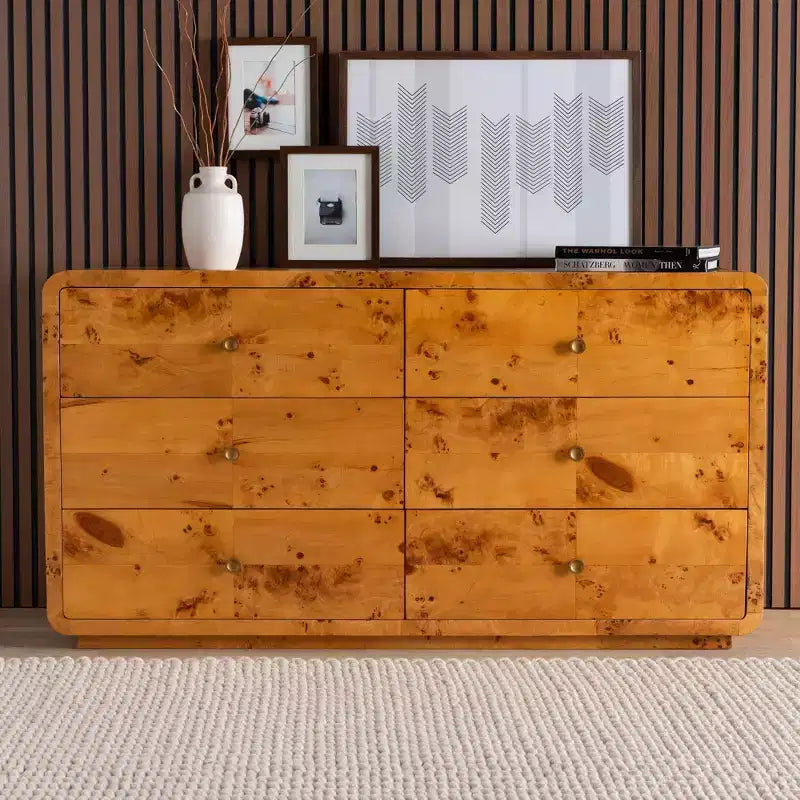 bali & pari Netra Real Burl Wood 6 Drawer Dresser Light Mappa Burl